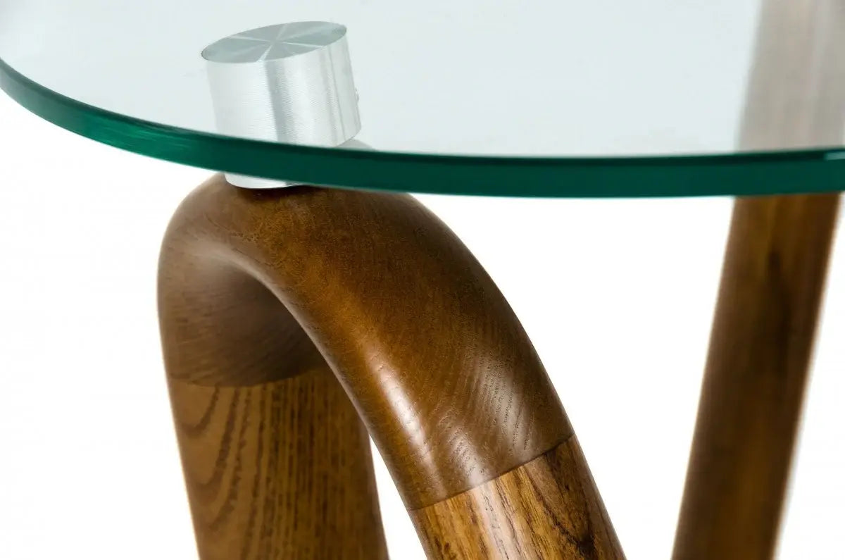 20" Walnut And Clear Glass Solid Wood Ribbon Base Round End Table - Homeroots - Flyclothing LLC