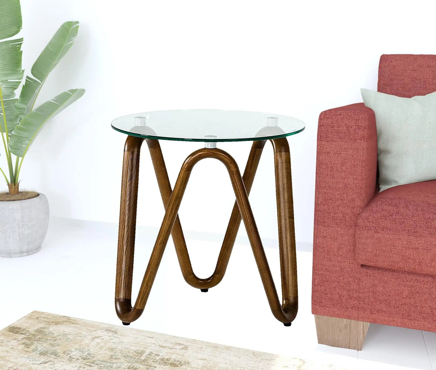 20" Walnut And Clear Glass Solid Wood Ribbon Base Round End Table - Homeroots - Flyclothing LLC