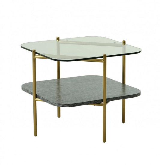 20" Gold And Clear Glass And Metal Square End Table With Shelf - Homeroots