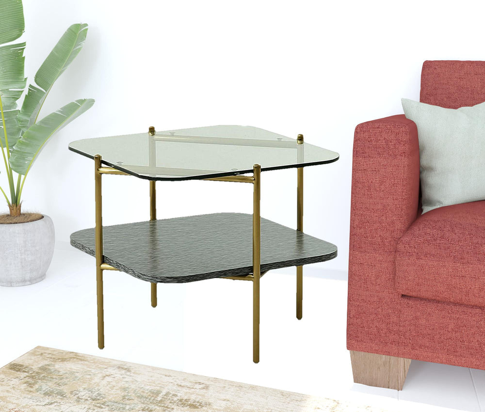 20" Gold And Clear Glass And Metal Square End Table With Shelf - Homeroots