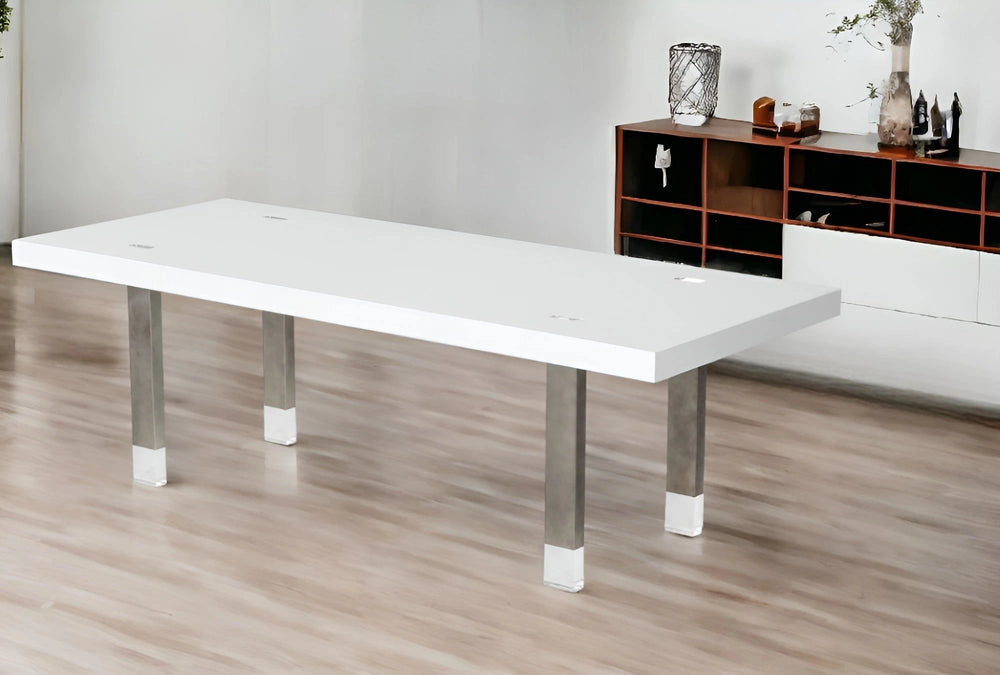 95" White And Gray Stainless Steel Dining Table - Homeroots
