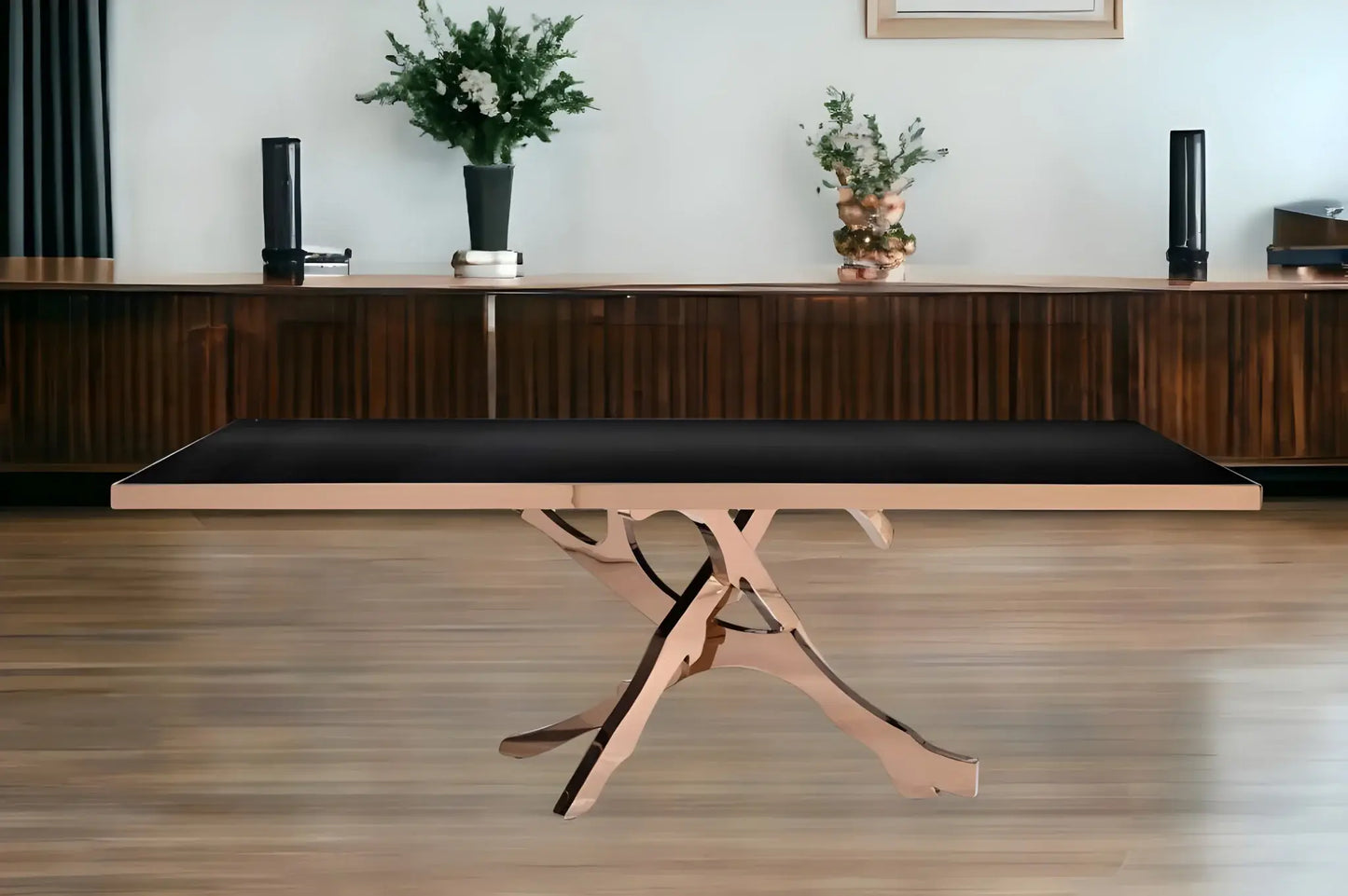87" Black And Gold Glass And Stainless Steel Pedestal Base Dining Table - Homeroots - Flyclothing LLC