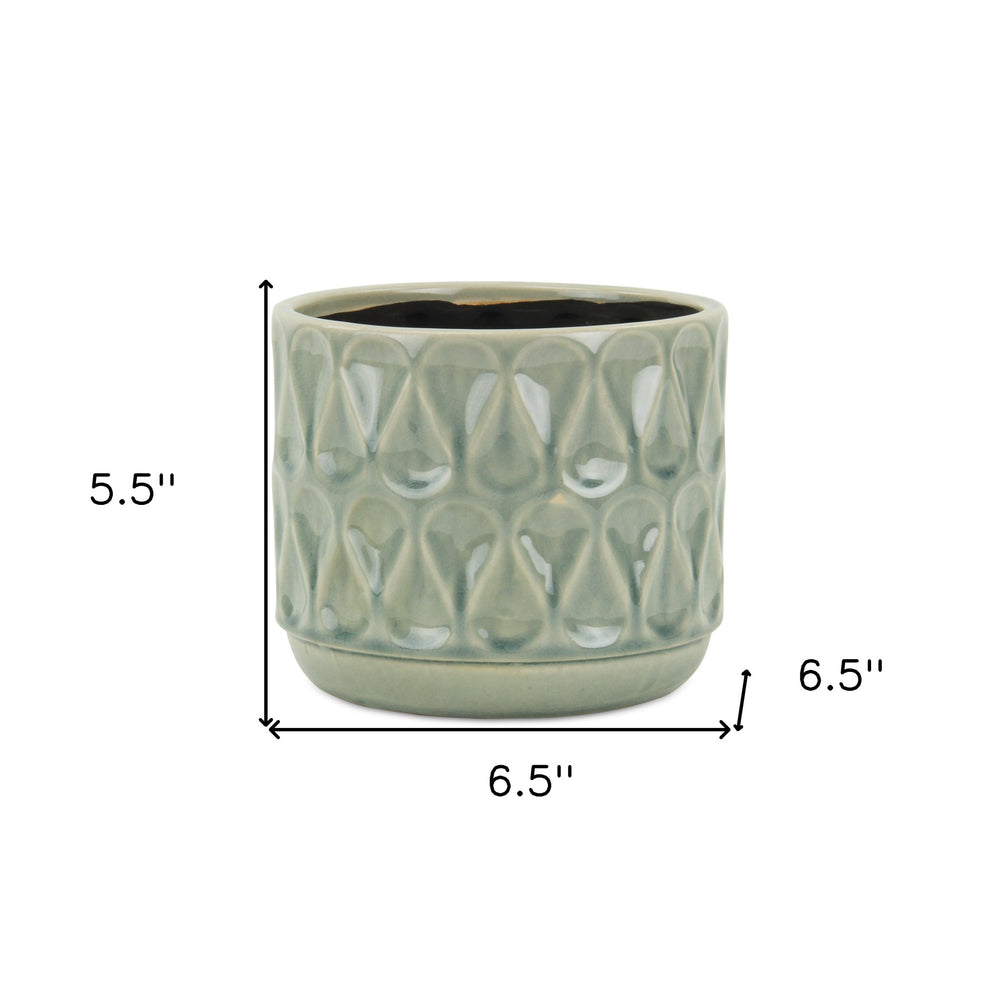 7" Green Geometric Imprint Ceramic Indoor Outdoor Round Pot Planter - Homeroots - Flyclothing LLC