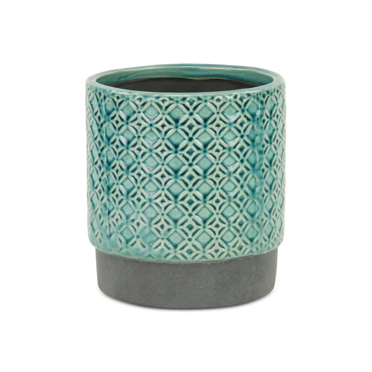 6" Turquoise Geometric Ceramic Indoor Outdoor Round Pot Planter - Homeroots