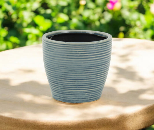 6" Blue Striped Ceramic Indoor Outdoor Round Pot Planter - Homeroots