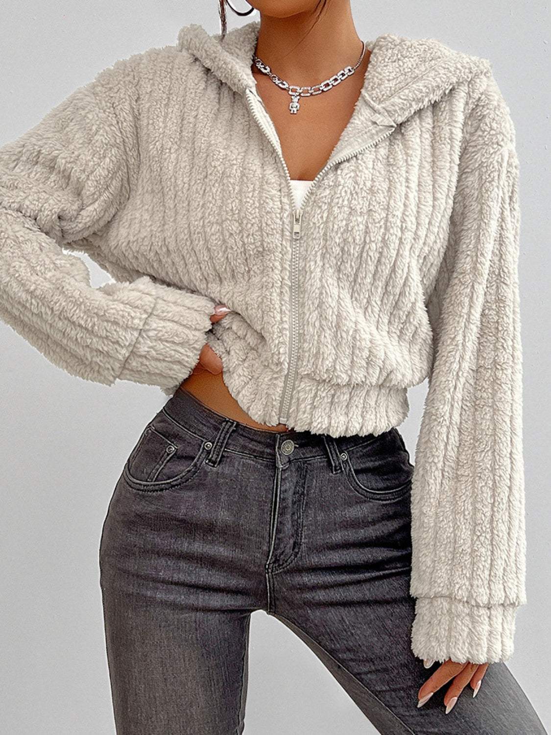 Zip Up Long Sleeve Fuzzy Hooded Jacket - Trendsi - Flyclothing LLC