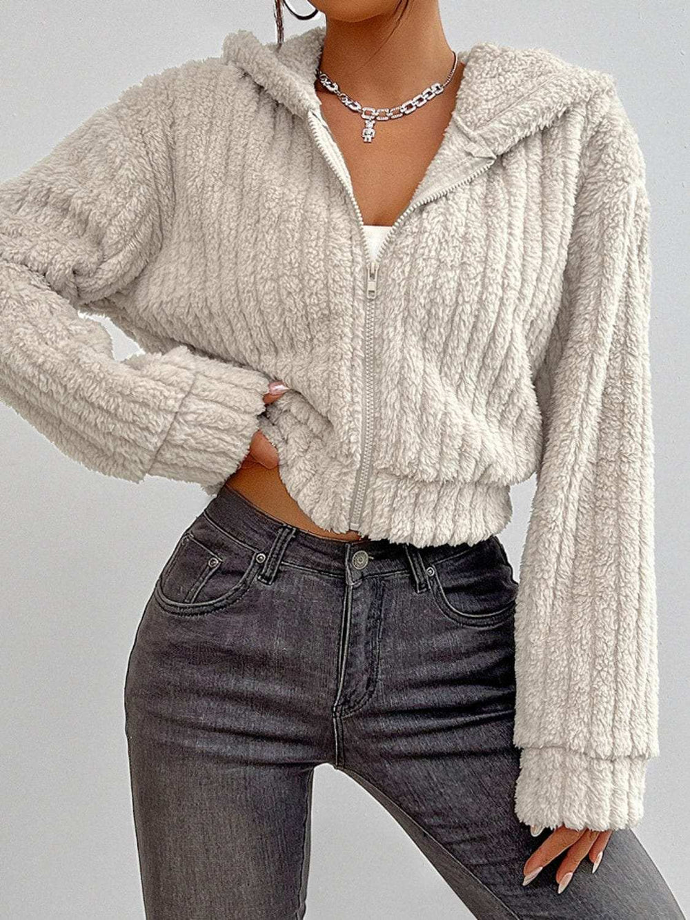 Zip Up Long Sleeve Fuzzy Hooded Jacket - Trendsi - Flyclothing LLC