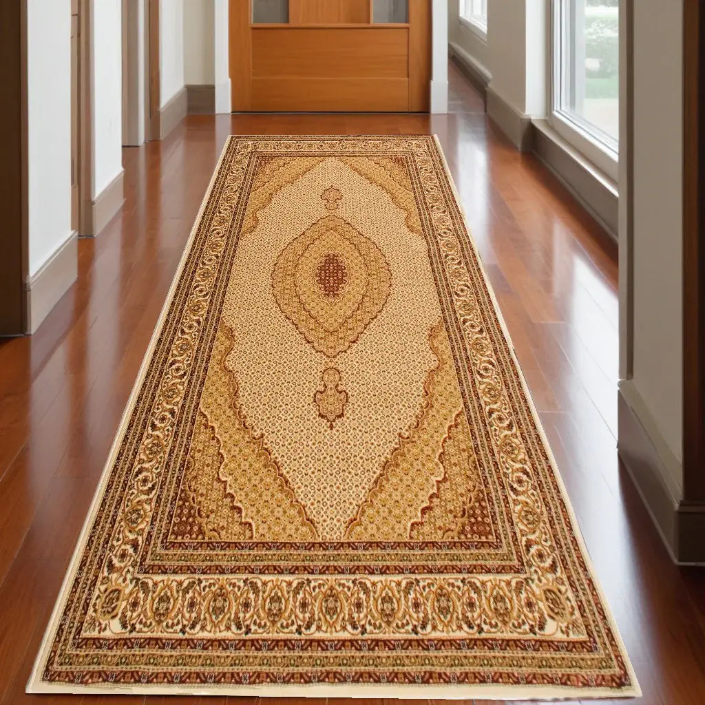 15' Runner Beige and Ivory Oriental Power Loom Runner Rug - Homeroots - Flyclothing LLC