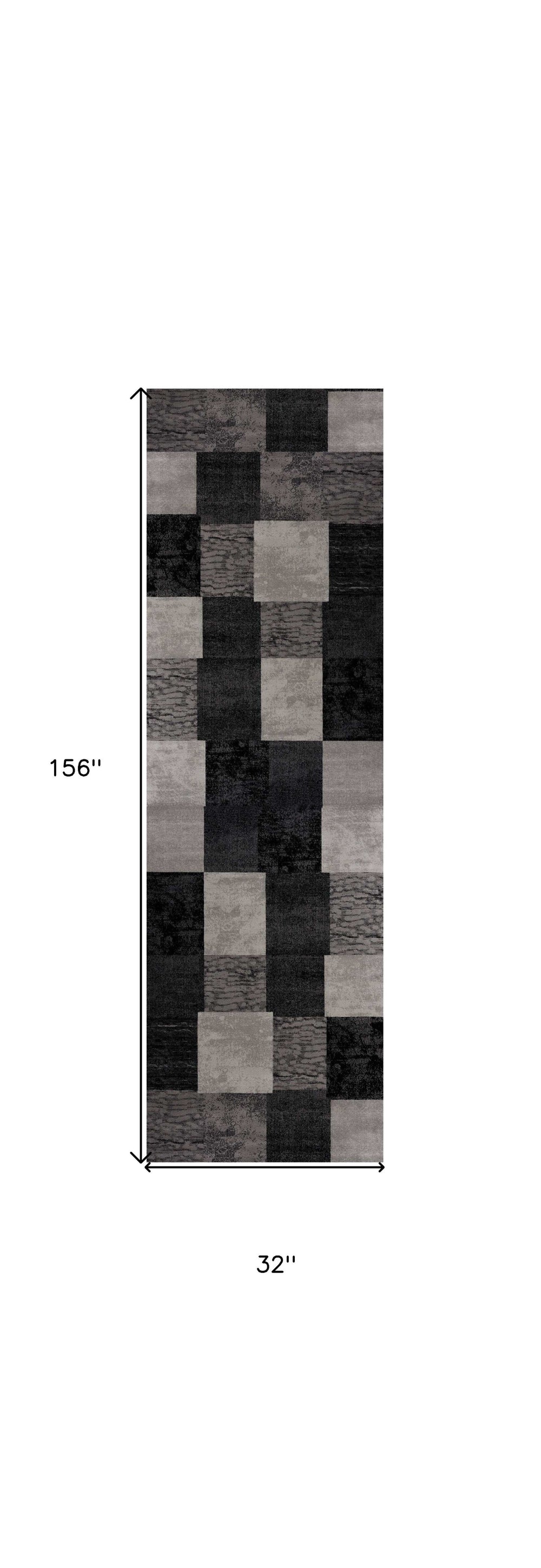 13' Gray and Black Geometric Power Loom Distressed Runner Rug - Homeroots - Flyclothing LLC