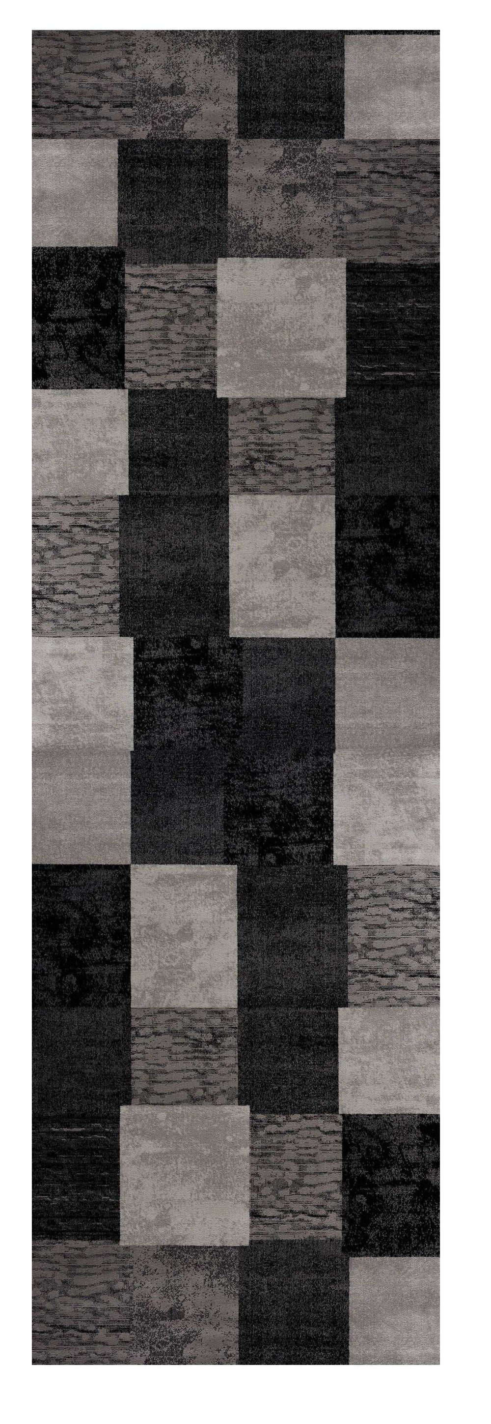 13' Gray and Black Geometric Power Loom Distressed Runner Rug - Homeroots - Flyclothing LLC