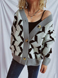 Contrast Trim Geometric V-Neck Long Sleeve Cardigan - Trendsi - Flyclothing LLC