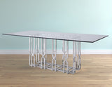 87" Clear And Silver Glass And Stainless Steel Pedestal Base Dining Table - Homeroots