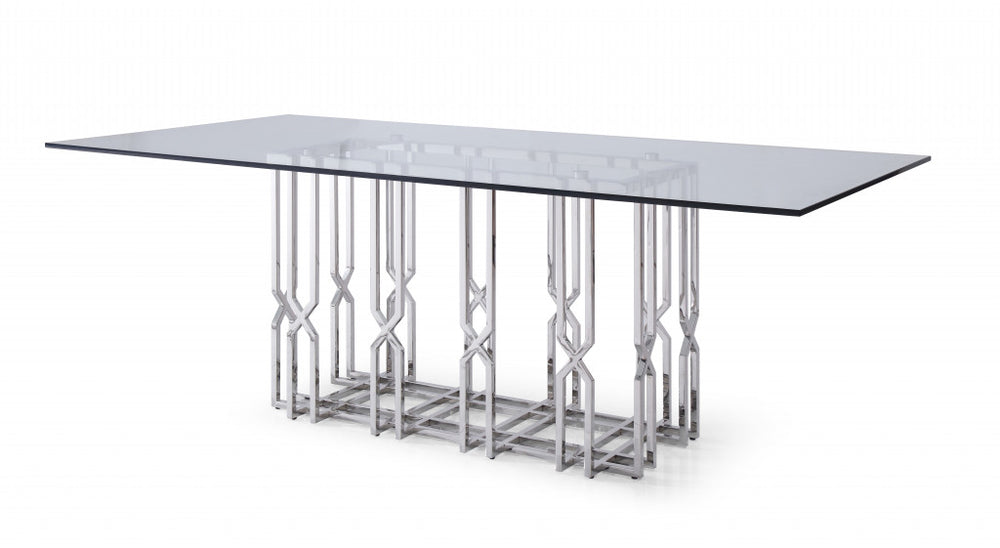 87" Clear And Silver Glass And Stainless Steel Pedestal Base Dining Table - Homeroots - Flyclothing LLC