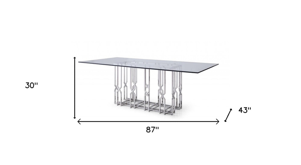 87" Clear And Silver Glass And Stainless Steel Pedestal Base Dining Table - Homeroots - Flyclothing LLC