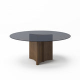 71" Smoky Black And Brown Rounded Glass And Solid Manufactured Wood Pedestal Base Dining Table