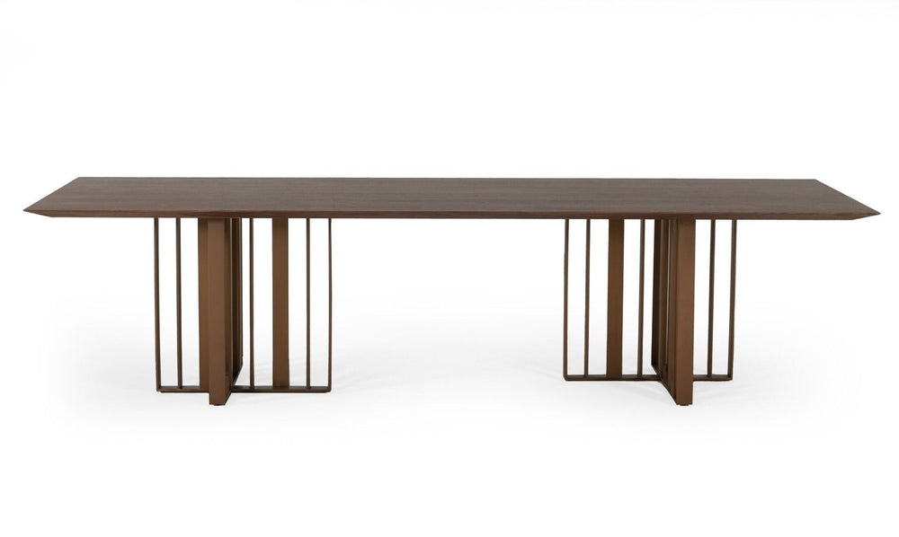 118" Brown And Brass Stainless Steel Double Pedestal Base Dining Table