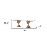 95" Clear And Brown Glass And Solid Wood Double Pedestal Base Dining Table