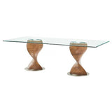 95" Clear And Brown Glass And Solid Wood Double Pedestal Base Dining Table - Homeroots