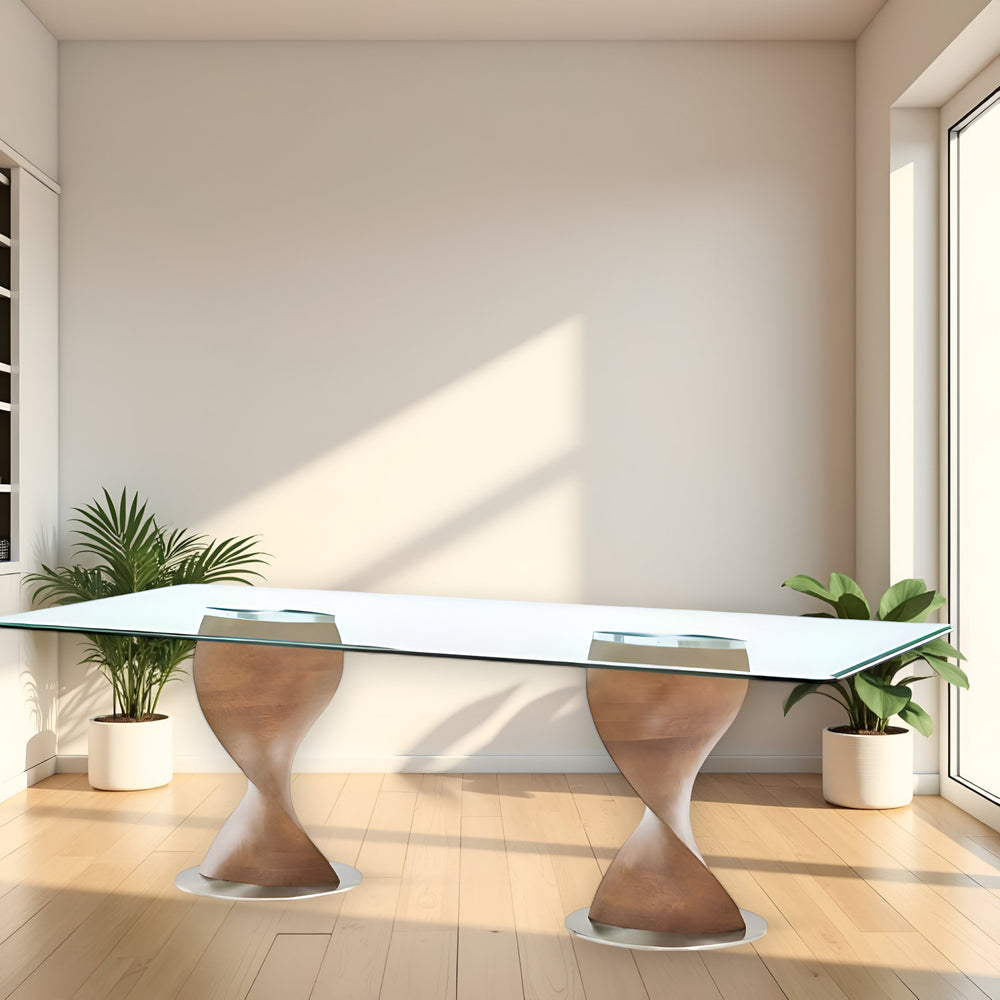95" Clear And Brown Glass And Solid Wood Double Pedestal Base Dining Table - Homeroots