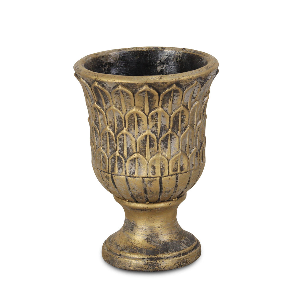 7" Antiqued Brass Textural Tone On Tone Cement Indoor Outdoor Round Urn Planter - Homeroots - Flyclothing LLC