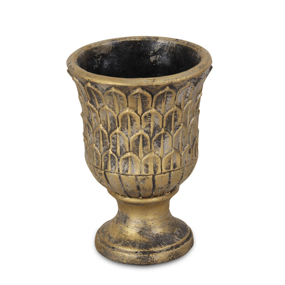 7" Antiqued Brass Textural Tone On Tone Cement Indoor Outdoor Round Urn Planter - Homeroots - Flyclothing LLC