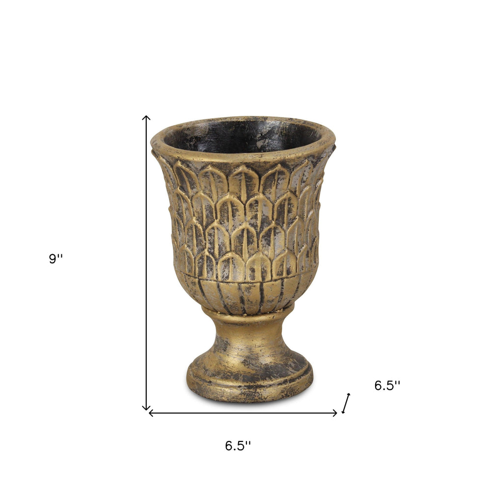 7" Antiqued Brass Textural Tone On Tone Cement Indoor Outdoor Round Urn Planter - Homeroots - Flyclothing LLC