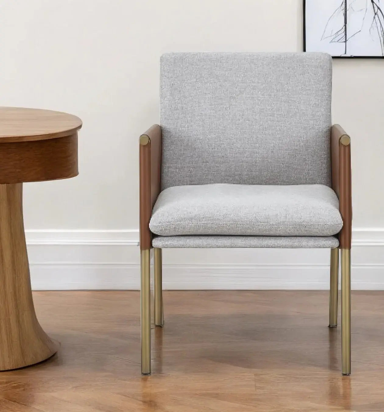 Light Gray And Antiqued Brass Upholstered Fabric Dining Arm Chair - Homeroots - Flyclothing LLC