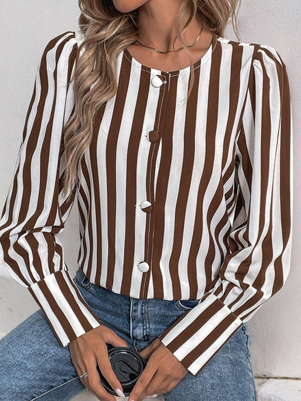 Perfee Striped Round Neck Long Sleeve Blouse - Trendsi