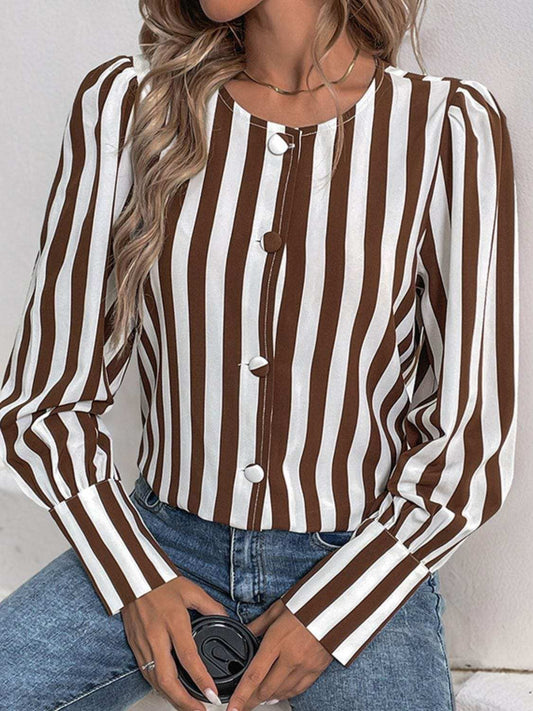 Perfee Striped Round Neck Long Sleeve Blouse - Trendsi - Flyclothing LLC