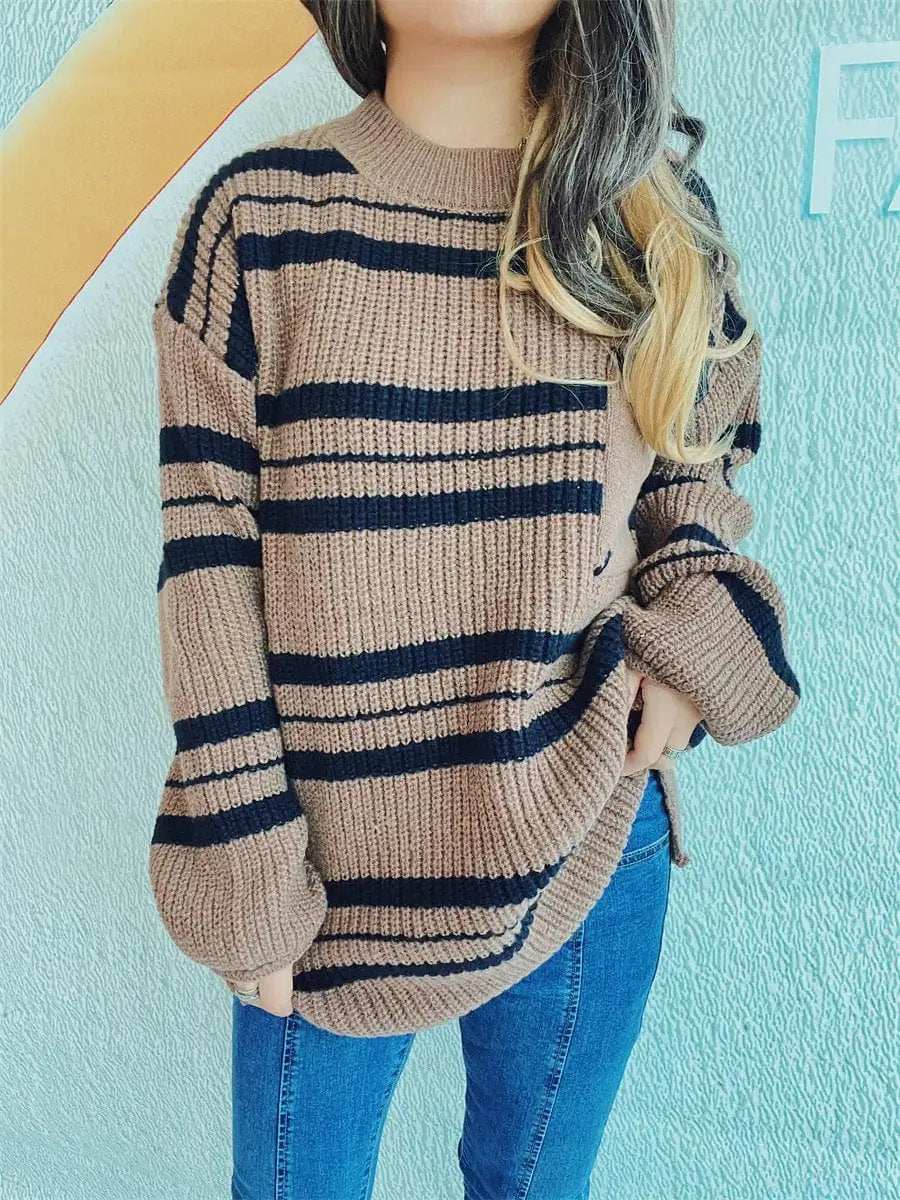 Striped Round Neck Long Sleeve Sweater - Trendsi - Flyclothing LLC
