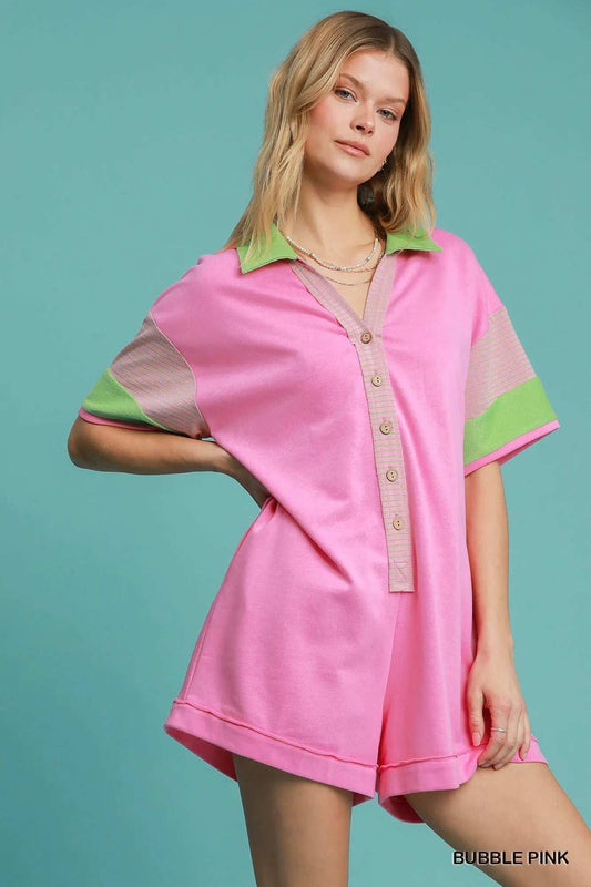 Umgee Contrast Trim Button Front Romper - Trendsi - Flyclothing LLC