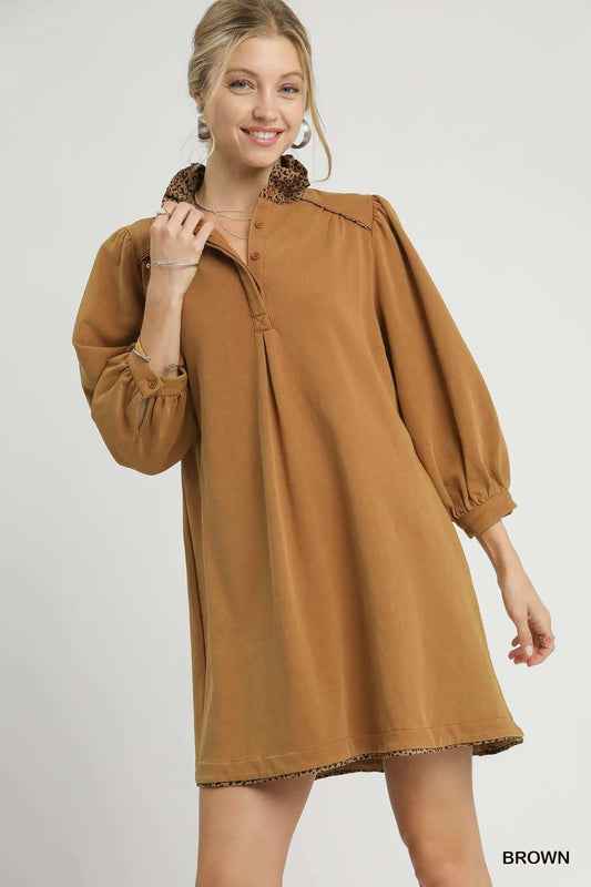 Umgee French Terry Balloon Sleeve Shift Dress with Leopard Print Detail - Trendsi - Flyclothing LLC