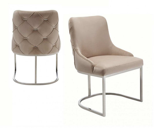 Set of Two Tufted Beige And Silver Upholstered Velvet Wing Back Dining Side Chairs - Homeroots - Flyclothing LLC