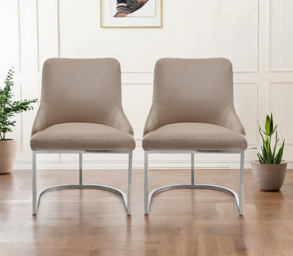 Set of Two Tufted Beige And Silver Upholstered Velvet Wing Back Dining Side Chairs - Homeroots