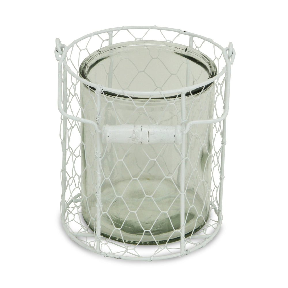 6" White and Clear Wire Basket and Glass Jar - Homeroots