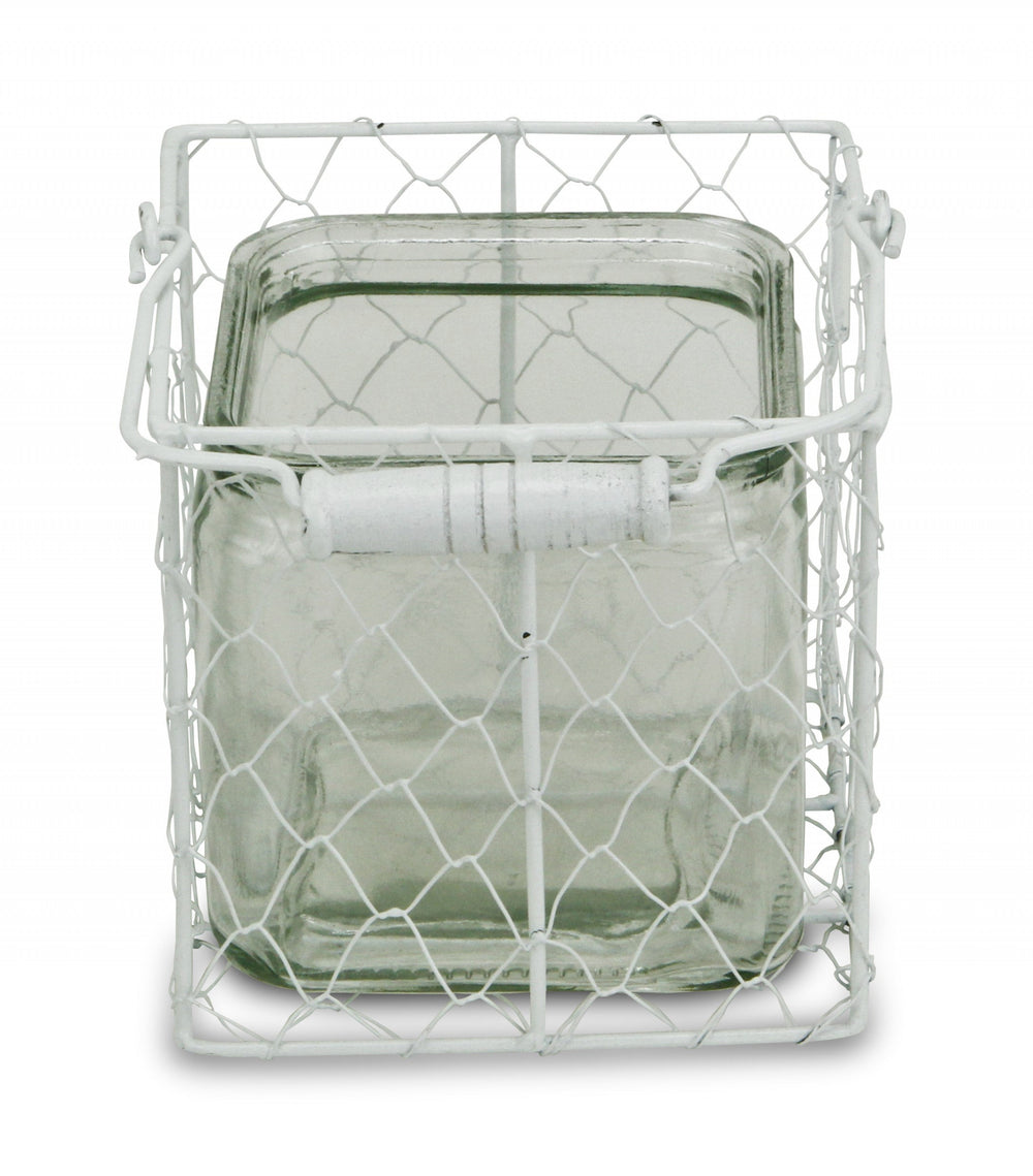 5.5" White and Clear Wire Basket Glass Jar - Homeroots