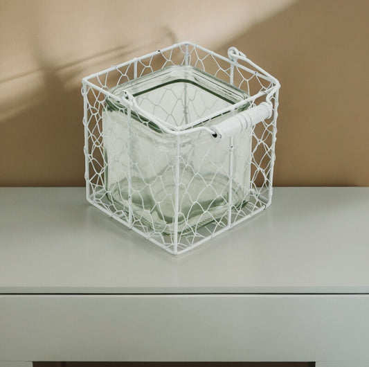 5.5" White and Clear Wire Basket Glass Jar - Homeroots