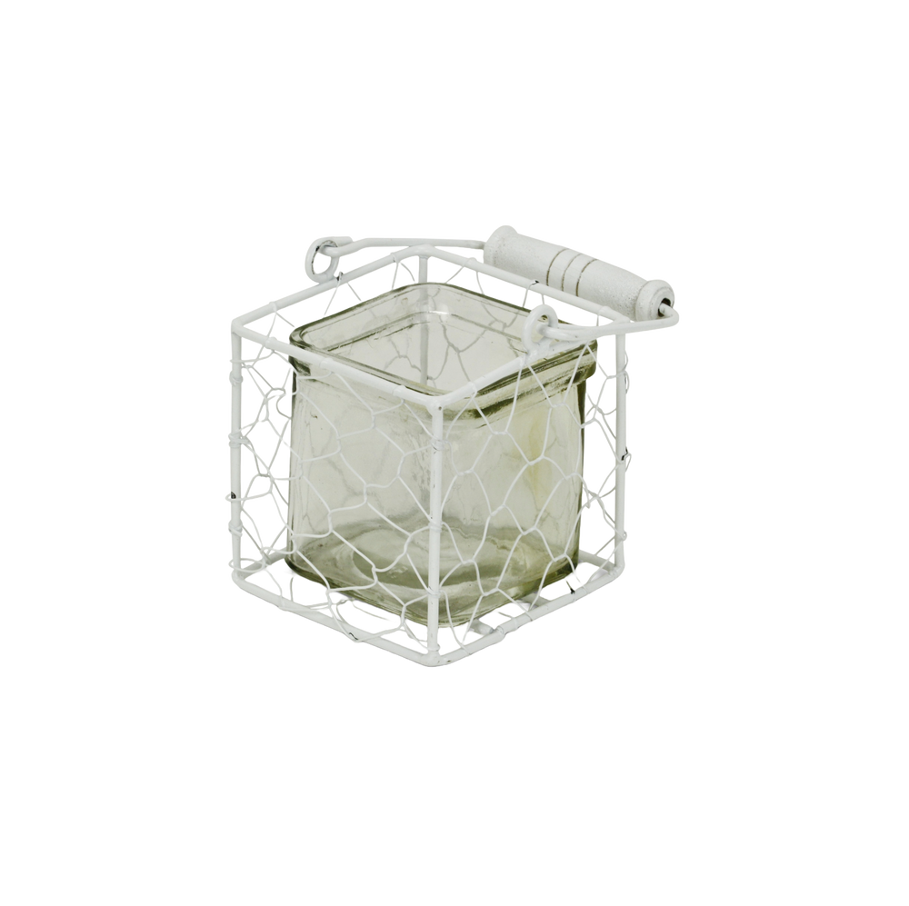 4" White Glass and Metal Lattice Tabletop Lantern Candle Holder - Homeroots - Flyclothing LLC
