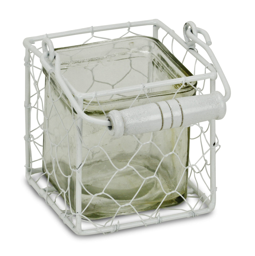 4" White Glass and Metal Lattice Tabletop Lantern Candle Holder - Homeroots - Flyclothing LLC