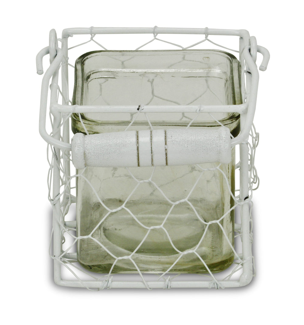 4" White Glass and Metal Lattice Tabletop Lantern Candle Holder - Homeroots - Flyclothing LLC
