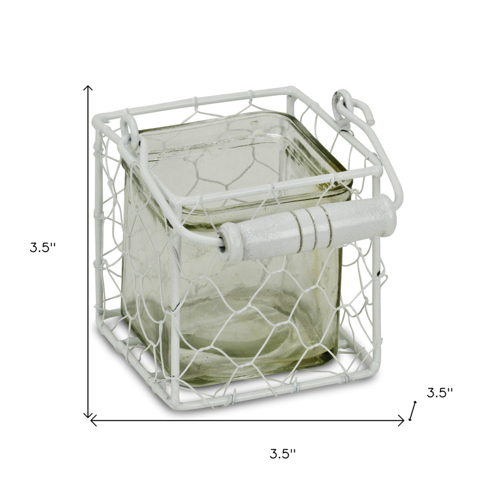 4" White Glass and Metal Lattice Tabletop Lantern Candle Holder - Homeroots - Flyclothing LLC