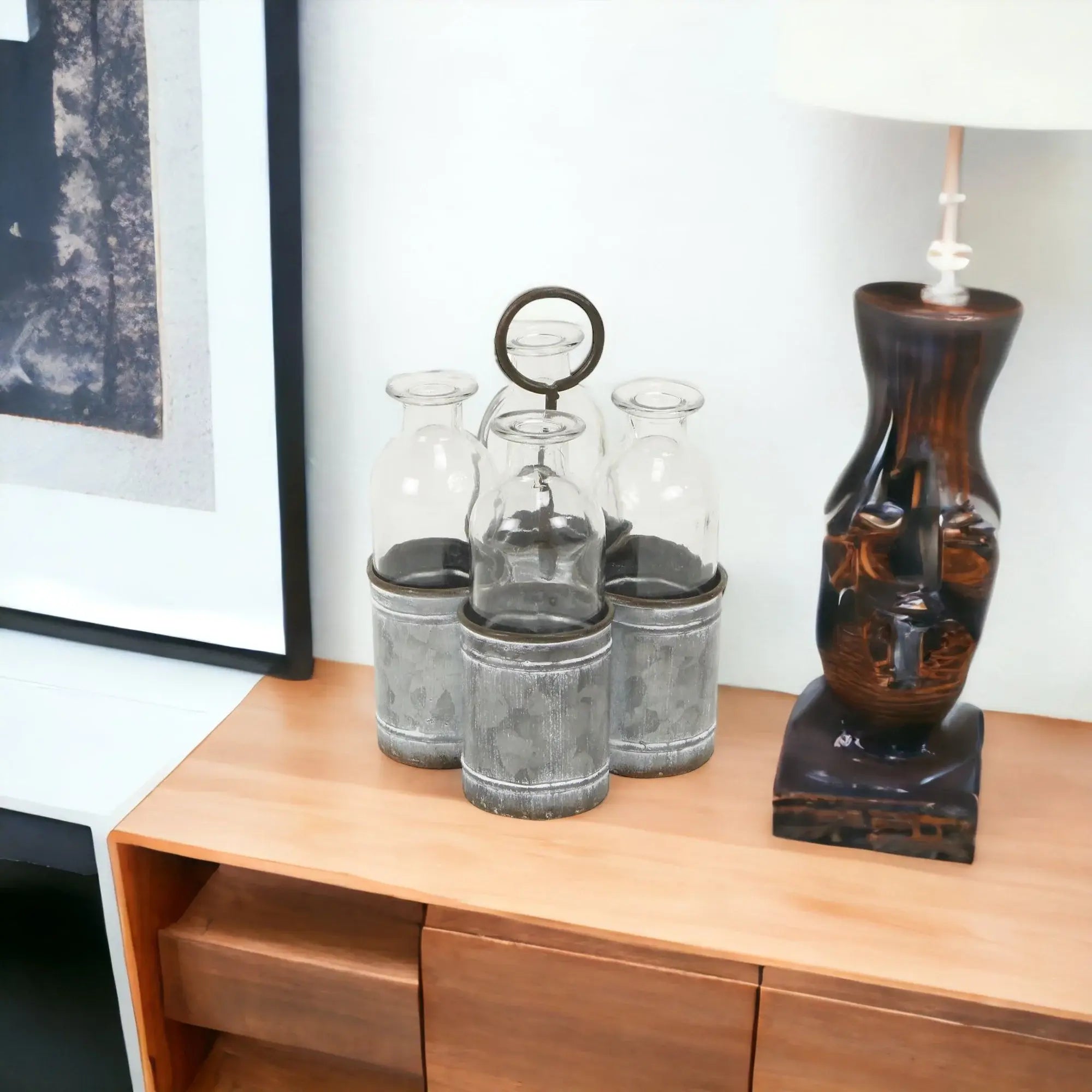 Set of Four Clear Galvanized Metal and Glass Decorative Bottles - Homeroots - Flyclothing LLC