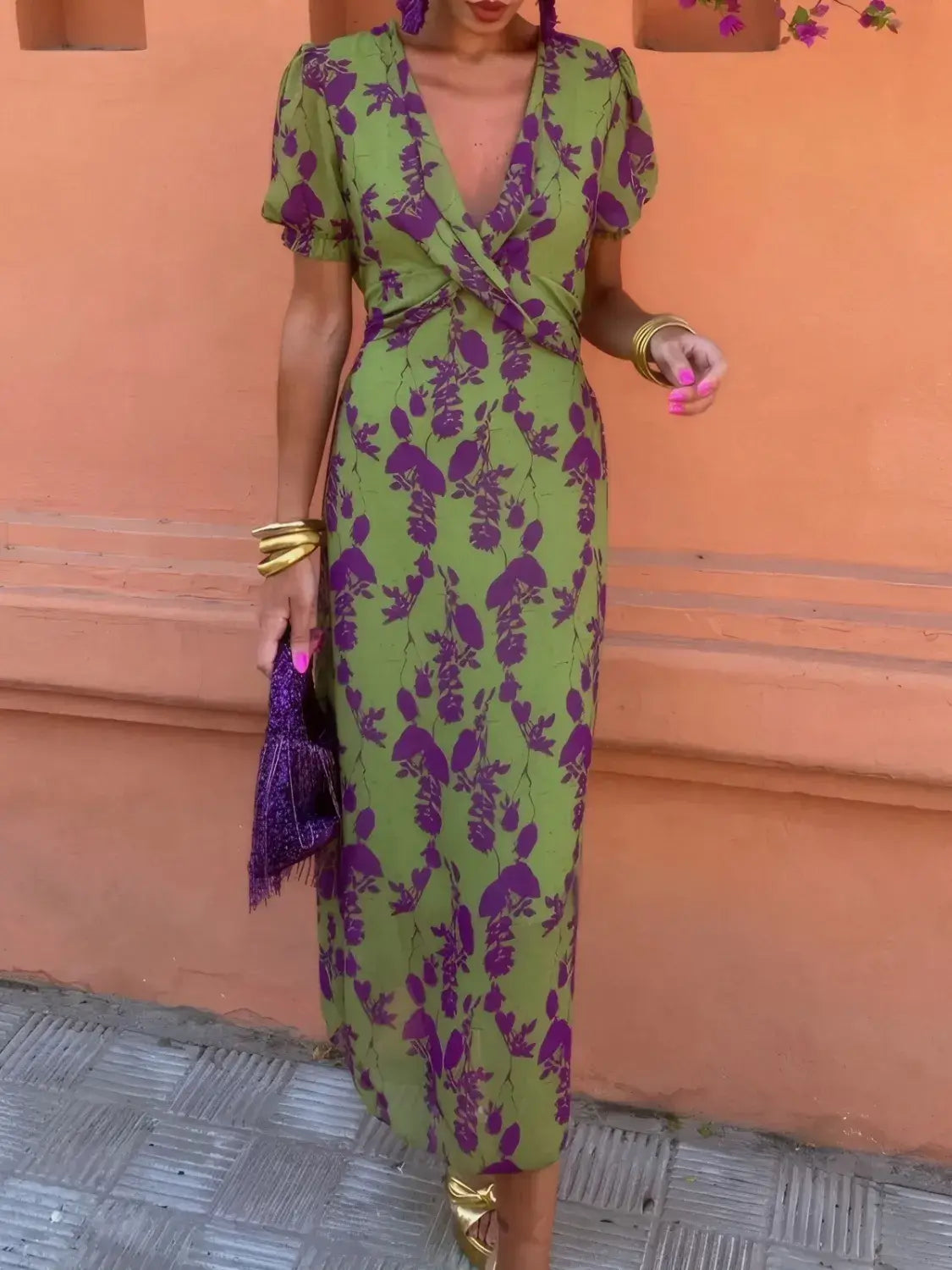 Printed Plunge Short Sleeve Midi Dress - Trendsi - Flyclothing LLC