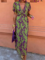 Printed Plunge Short Sleeve Midi Dress - Trendsi - Flyclothing LLC