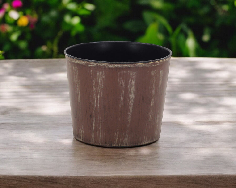 7" Brown and Ivory Abstract Recycled Plastic Indoor Outdoor Round Pot Planter - Homeroots