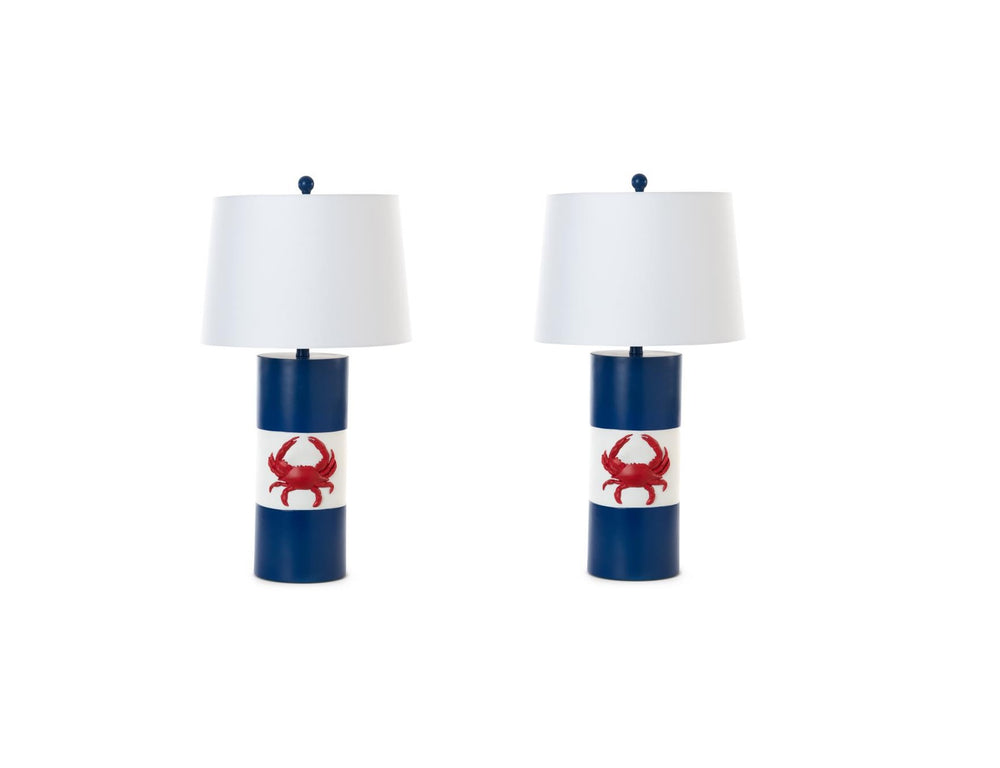 Set of Two 31" Red White and Blue Coastal Table Lamps With White Empire Shade - Homeroots