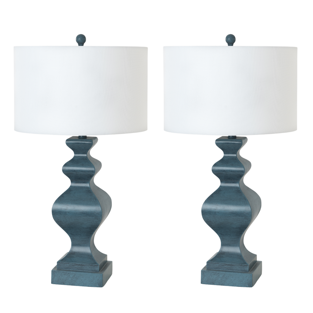 Set Of Two 31" Distressed Teal Table Lamps With White Drum Shade - Homeroots