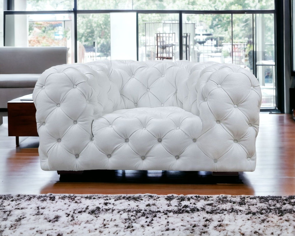 57" White And Black Top Grain Leather Tufted Chesterfield Chair