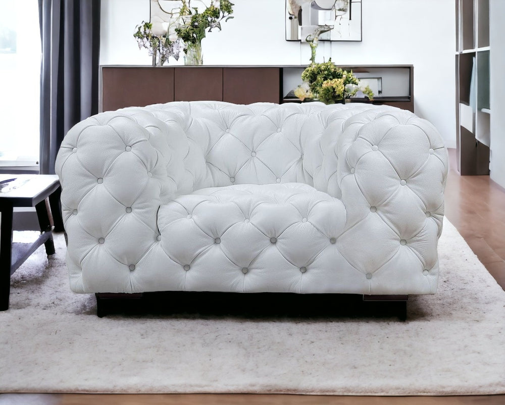 57" White And Black Top Grain Leather Tufted Chesterfield Chair - Homeroots