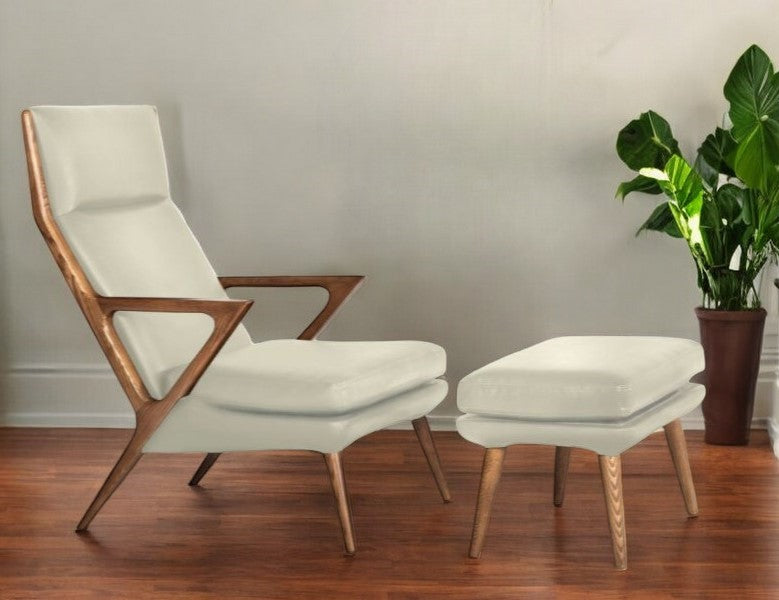 26" Beige Faux Leather And Walnut Lounge Chair With Ottoman - Homeroots - Flyclothing LLC